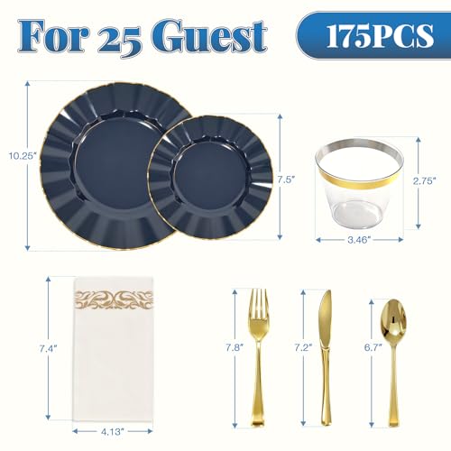 175 Plastic Dinnerware Set, Disposable Dinnerware Set for 25 Guests Include 50 Plastic Plates,25 Silverware Set,25 Cups and 25 Napkins for Graduation Party Wedding(Navy Blue and Gold) - color: Navy Blue