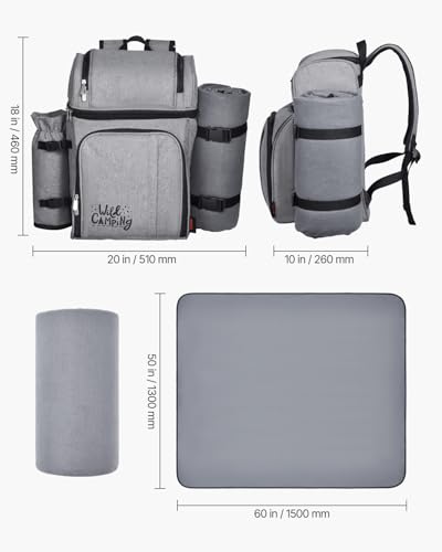 VEVOR Picnic Backpack, Beach Picnic Backpack Bag for 4 Person with Insulated Cooler Compartment, Detachable Bottle/Wine Holder, Lightweight Blanket, Plates and Cutlery Set for Hiking & Camping, Grey - size: double layer for 4 & gray