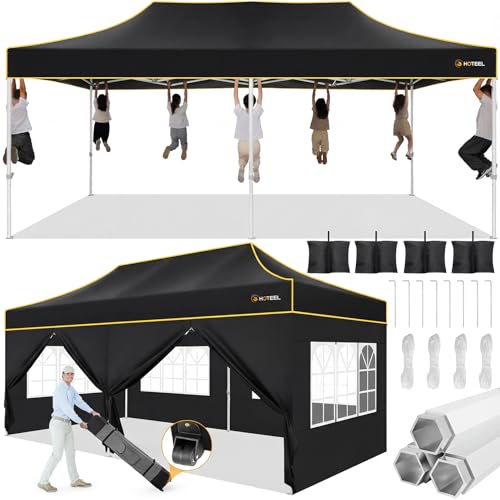 Hoteel 10x20 Pop Up Canopy Tent Heavy Duty with 6 Sidewalls, Waterproof Party Tent, Easy Set-up Commercial Instant Tents with Roller Bag & Sandbags, Hexagonal Leg (1-Year Warranty) - color: Black, size: 10×20 （6 Walls）