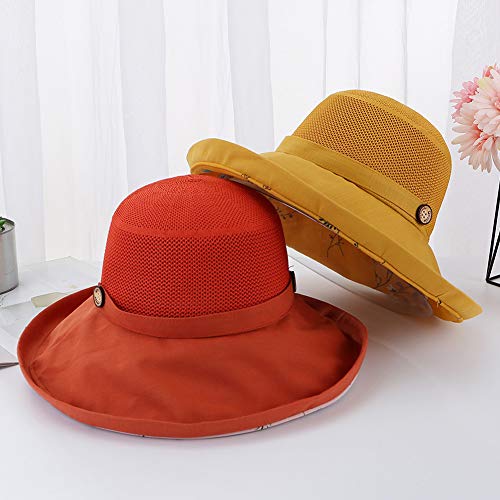 Women Mesh Sun Hats Summer Beach UV Protection UPF Packable Wide Brim Chin Strap - color: Yellow