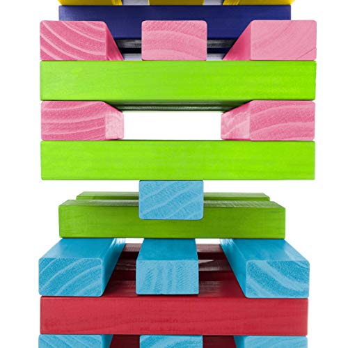 HEY! PLAY! Nontraditional Giant Wooden Blocks Tower Stacking Game with Dice, Outdoor Yard Game, for Adults, Kids, Boys and Girls (Rainbow Color)