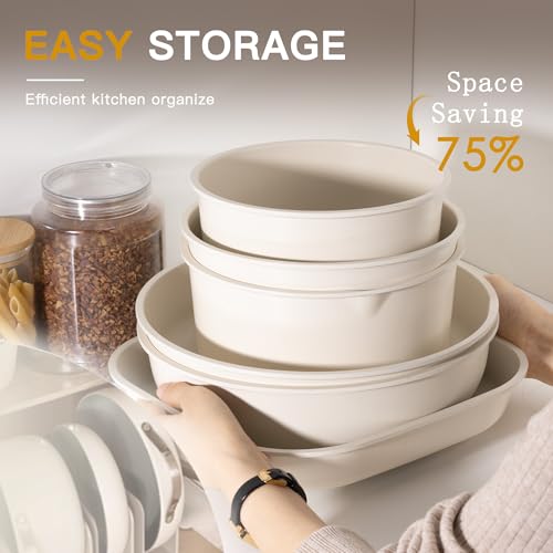 Astercook 23 Pcs Pots and Pans Set Non Stick, Ceramic Cookware Set Detachable Handle, RV Kitchen Cooking Set Removable Handles, Oven Safe, Induction Ready, Stackable, Cream White, Mothers Day Gifts