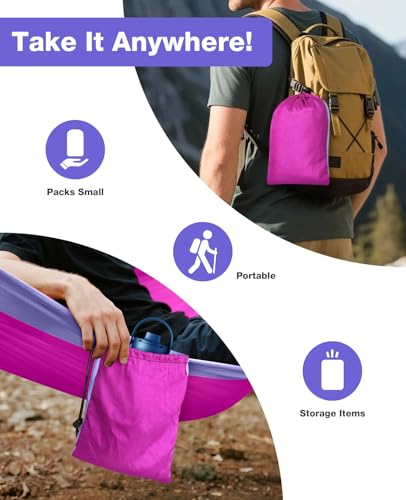 MOSFiATA Camping Hammock, Heavy Duty up to 700lbs with 2 Tree Straps and Attached Carry Bag Portable Outdoor Hammock for Backpacking Hiking Travel,Beach (Pink Purple) - color: Pink Purple