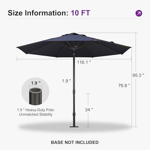 PURPLE LEAF 10Ft Round Semi-Auto Outdoor Patio Umbrella Aluminium Market Umbrella Table Sun Umbrella with 1.89" Rod and 8 Sturdy Ribs for Deck Lawn Pool Garden, Navy Blue - color: Navy Blue, size: 10 ft