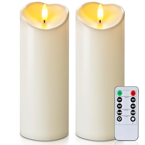 Homemory Outdoor Waterproof LED Candles, Battery Operated with Remote and Timers, Electric Fake Plastic Pillar Candles, Ivory White, Set of 2 - color: Ivory White, size: D3"xH8"8"