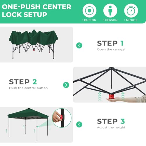 JEAREY 10x10 Pop Up Canopy Tent, Heavy Duty Outdoor Canopy with 1-Push Instant Setup, Commercial Tent with Roller Bag, 4 Sandbags and 8 Stakes, Water-Resistant – Dark-Green - color: Dark Green