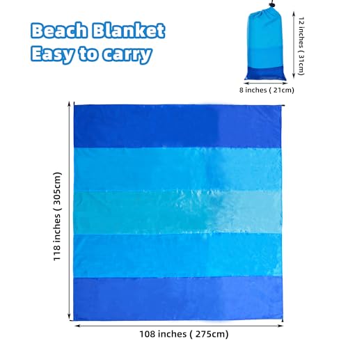 Best Season Beach Blanket Extra Large 108"*118" with 2 Pillows Waterproof Sandproof Beach Mat Lightweight Compact Quick Drying with 4 Stakes&4 Corner Pockets for 1-8 Adults for Camping Picnic Hiking - color: 5-blue Stripe, size: 108"*118"