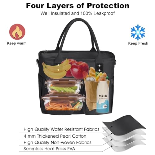 Hafmall Large Insulated Lunch Bag for Women Men, Leakproof Lunch Box for Adults, Wide Opening Lunch Tote Bag with Shoulder Strap, Reusable Lunch Cooler Bag for Work, Picnic, Black - color: Black