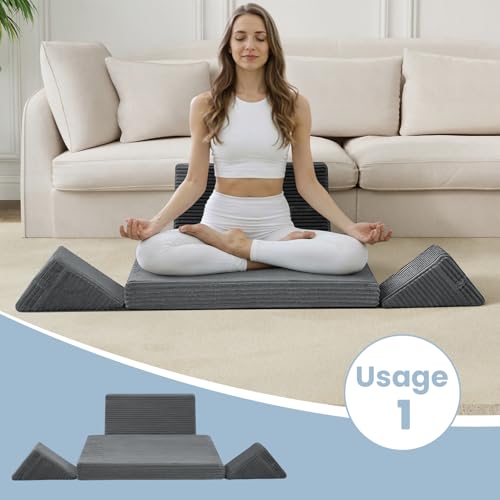 Meditation Cushion Set, Meditation Pillow for Sitting on Floor, Large Yoga Pillow with Knee Support, Washable Zafu Meditation Mat, 3 Shapes Floor Pillow for Adults, Dark Grey - color: Dark Grey