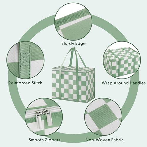 Ohocut Checkered Insulated Grocery Bags 2 Pack, Checkerboard Cooler Shopping Bags for Groceries, Insulated Bags for Food Delivery - color: Sage Green