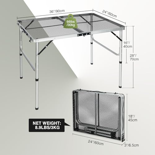 REDCAMP 36x24 Folding Grill Table for Outside, Lightweight Portable Metal Aluminum Outdoor Grill Table with Adjustable Height Legs, Great for Camping Picnic Cooking BBQ, Silver 3ft - color: Silver, size: 36"x24"
