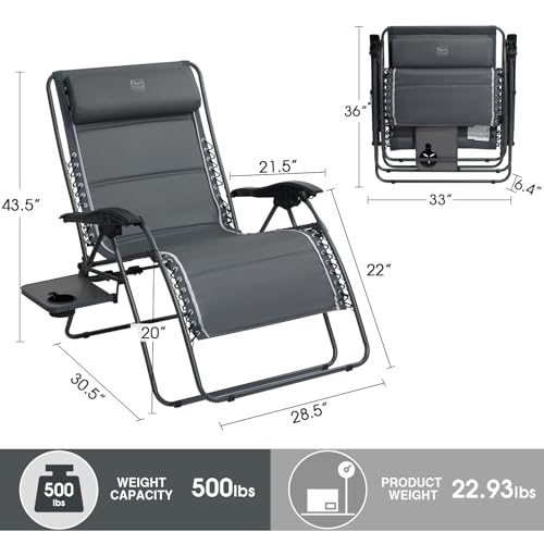 Timber Ridge Oversized Zero Gravity Chair, 33In Wide XXL Zero Gravity Reclining Chair with Side Table, Full Padded Lounge Chair for Outdoor Camping Patio Lawn, Heavy Duty Supports 500lbs, Grey-1 Pack - color: Grey-1 Pack