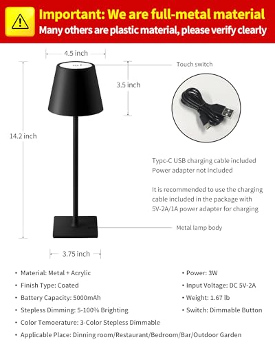 KDG 2 Pack Cordless Table Lamp, Portable LED Desk Lamps, 5000mAh Battery Operated, 3 Color Stepless Dimming Up, for Restaurant, Bedroom, Outdoor Camping, Coffee Shop, Night Light, Rechargeable (Black) - color: Black-2