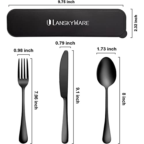 Portable Travel Utensils Set, 18/8 Stainless Steel 3 PCS Cutlery Set Including Knife Fork and Spoon, Reusable Travel Silverware Set with Case for Lunch Box Camping School Office - color: Black - 3 PCs