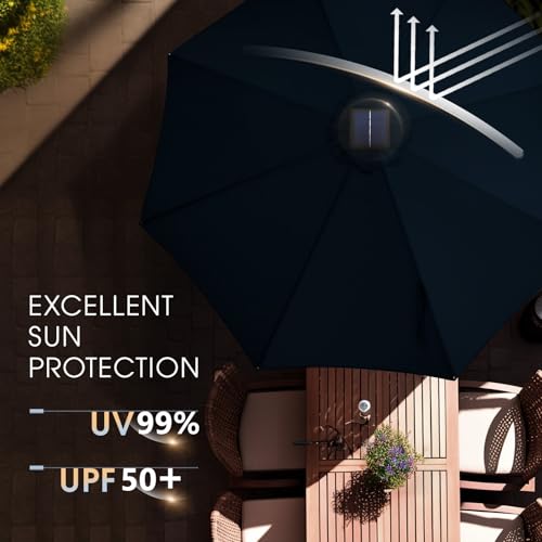 wikiwiki 9FT Solar Led Patio Umbrella with Base Included, 32 LED Lights, 8 Sturdy Ribs, Fade Resistant Waterproof POLYESTER DTY Canopy for Garden, Lawn, Deck, Backyard & Pool, Navy Blue - color: Navy Blue, size: 9FT