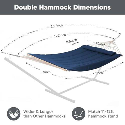 SUNCREAT Hammocks Outdoor Double Hammock with Hardwood Spreader Bar, Heavy Duty Cotton Rope Hammock with Polyester Pad, Dark Blue - color: Dark Blue