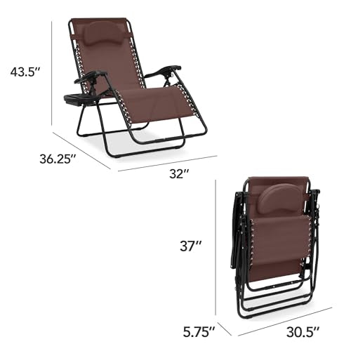 Best Choice Products Oversized Zero Gravity Chair, Folding Outdoor Patio Lounge Recliner w/Cup Holder Accessory Tray, Pillow - Brown - color: Brown