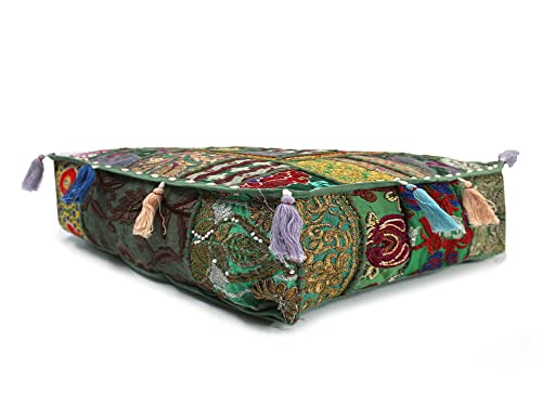 Mam Treasures Indian Bohemian Decorative Pillow Vintage Cushion Cover Patchwork Square Floor Pillow Cover Meditation Cushion Large Floor Pillow Indian Cushion (Dark Green, 18 X 18 X 5 Inch) - color: Dark Green, size: 18" x 18" (Pack of 1)