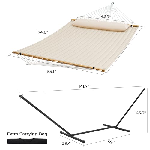 SUPERJARE Hammock with Stand, 2 Person Quilted Outdoor Hammock, Detachable Pillow & Bamboo Spreaders, Portable Hammock with Carrying Bag, Heavy Duty Stand, Perfect for Outside, Patio, Cream Beige - color: Cream Beige, size: 55.1"W × 74.8''D × 43.3''H