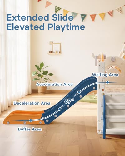BIERUM Toddler Slide Set, 13 in 1 Kids Indoor Slide for Toddler 1-3, Indoor Outdoor Toddler Slide Playset with Basketball Hoop, Golf Game & Drawing Board, Baby Indoor Slide Playground, Blue&Yellow