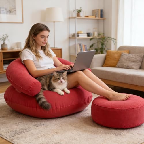 Inflatable Lounge Chair – Flocking PVC 73x73x52cm | Flocked Lounger Seat Lightweight Air Sofa | Portable Blow Up Chair for Outdoor Beach Pool Stadium Travel Living Room and Bedroom Use - color: Hot Pink