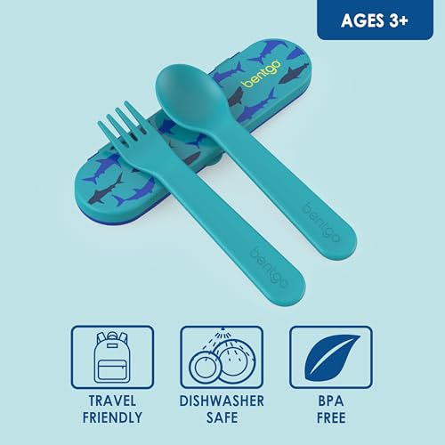 Bentgo Kids Utensil Set - Reusable Plastic Fork, Spoon & Storage Case - BPA-Free Materials, Easy-Grip Handles, Dishwasher Safe - Ideal for School Lunch, Travel, & Outdoors (Shark) - color: Sharks