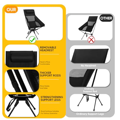 Swivel Portable Camping Chair, High Back Folding Chair with Detachable Pillow, Compact Lightweight Backpacking Chair for Outdoor, Travel, Beach, Hiking, Support 330 LBS, 1 Pack Black