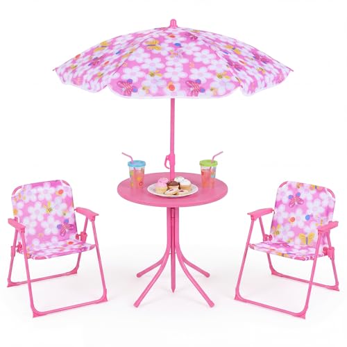 KOTEK Kids Picnic Table with Umbrella, Outdoor Table & 2 Folding Chairs, Cute Pattern Children’s Patio Furniture, Portable Kids Table and Chair Set for Backyard, Garden, Beach (Pink Flower) - color: Pink Flower
