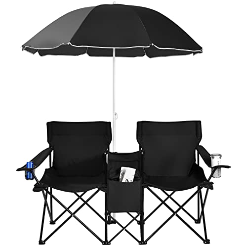 Goplus Double Camping Chair with Umbrella, Folding Loveseat Chairs w/Canopy Shade, Carrying Bag, Table, Cup Holder, Portable Beach Chairs Outdoor Picnic Patio (Black) - color: Black