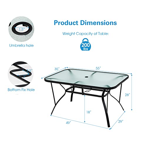 Tangkula 55" Patio Dining Table for 6, Rectangle Outdoor Dining Table with Tempered Glass Tabletop, Umbrella Hole & Metal Frame, 6-Person Outside Dining Table for Backyard, Lawn, Deck & Poolside - size: 55" x 35" x 28"