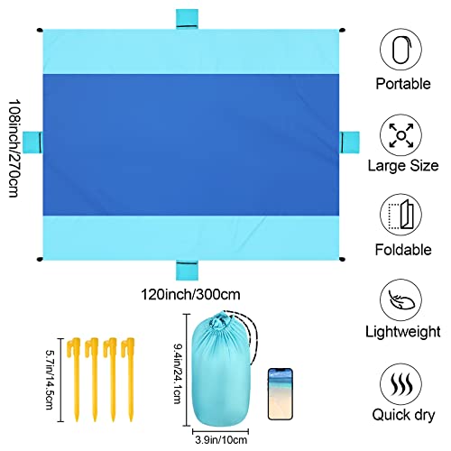 ACH Beach Blanket Waterproof Sandproof Extra Large Beach Mat Oversized 120"×108" Portable Lightweight Outdoor Family Mat for Indoor Outside Picnic Camping Hiking Travel - color: Light Blue