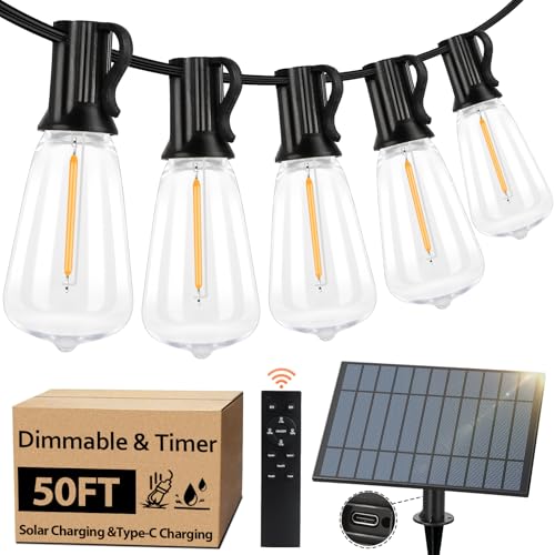 50 FT Solar String Lights for Outside, Solar Powered Outdoor String Lights with 26 Shatterproof Edison Bulbs, Dimmable Patio Lights Waterproof with Remote Timer for Wedding Backyard(Warm White) - size: 50FT