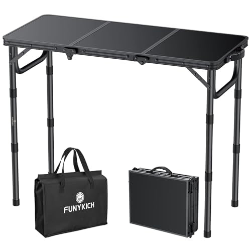 FUNYKICH 3ft Portable Small Folding Table L34.2''xW15.7'', 3 Adjustable Height Small Foldable Tables, Lightweight Aluminum Beach Table with Carry Handle for Car Camping, Backyard BBQ, Picnic, Travel - color: Black, size: Tabletop size:L34.2"xW15.7"