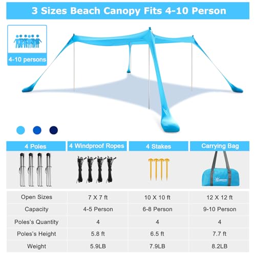 COMMOUDS Beach Tent Sun Shelter - UPF50+ Pop Up Beach Canopy with Sandbags & Sand Shovel & Windproof Poles, Portable Sun Shade for Beach, Camping, Picnics, Backyard - color: Sky Blue, size: 12 x 12 FT 4 Pole
