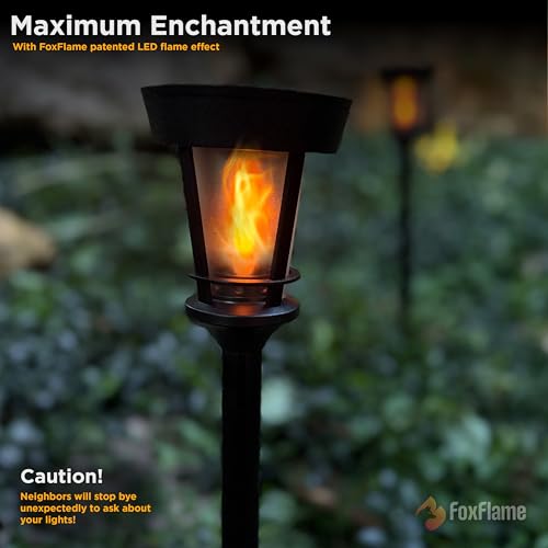 FoxFlame Classic Solar Path Torch - Elegant Flickering Flame Effect with Patented LED,IP65 Waterproof,Solar-Powered Lighting for Garden,Yard, and Landscape Ambiance Easy Stake Installation (2 Pack) - style: Classic Path Torch