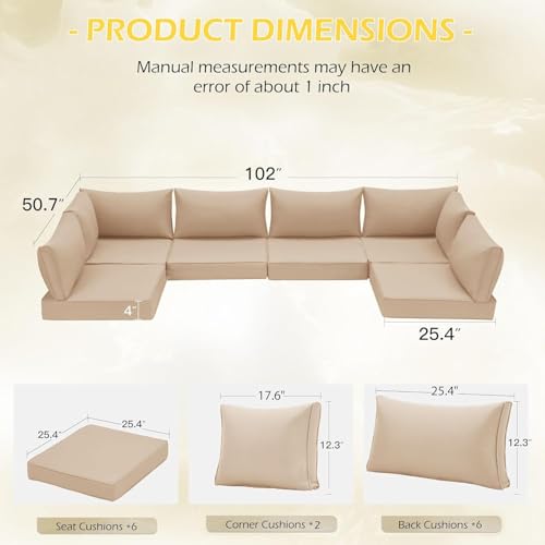 HOMREST Cushions for Outdoor Furniture,Replacement Cushion Pillow,Water-Repellent Sofa Cushion for 6-Seat Rattan Wicker Sectional Patio Conversation Sets,14-Piece Cushions Set for Outdoor Couch - color: Khaki, size: 6 Seat