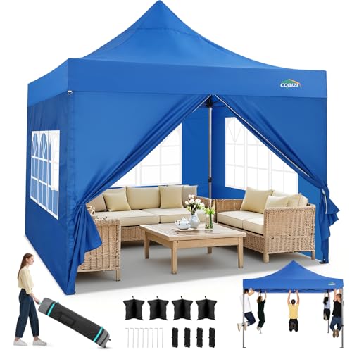 COBIZI 10x10 Heavy Duty Pop Up Canopy Tent with 4 Sidewalls Thicken Frame, Commercial Easy Up Outdoor Wedding Party Tents, All Season Waterproof Windproof with Stakes Sandbags Ropes Roller Bag, Blue - color: Blue, size: 10x10