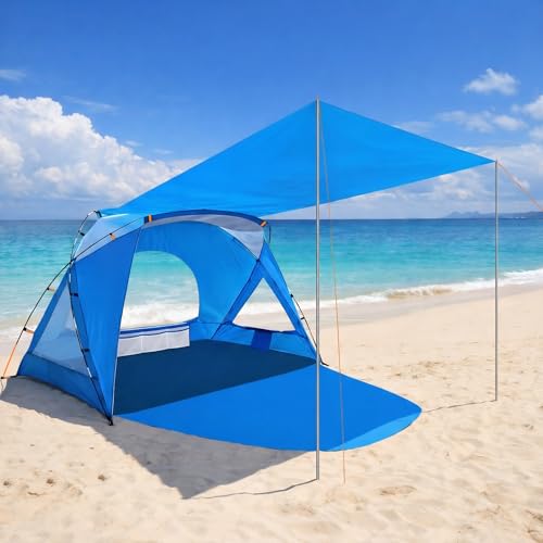 Beach Tent, Portable Sun Shelter for 2/3/4/6-8 Person with UPF 50+ UV Protection, Easy Setup Waterproof Beach Shade Canopy Cabana for Family Outdoor and Picnics, Fishing with Carrying Bag - color: Blue with Canopy, size: Standard 3-Person