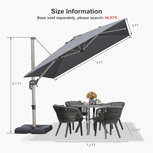 PURPLE LEAF 9’ X 9‘ Patio Umbrella Outdoor Cantilever Umbrella, Aluminum Offset Umbrella with Champagne Frame and 360° Rotation for Pool Deck Garden, Light Grey - color: Light Grey, size: 9' x 9'