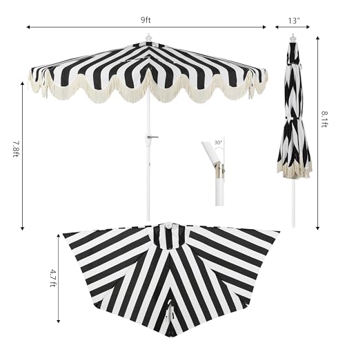 JONATHAN Y Half Umbrella UMB1201H Beverly 9 ft. Designer Classic Scalloped Fringe Market Patio with Crank, Tilt Button and UV Protection in Black/White, White Pole - color: Black/White - White Pole
