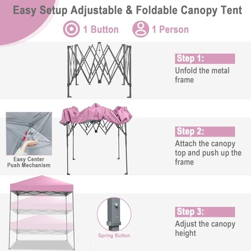 LDAILY 6.6 x 6.6 Ft Pop Up Canopy, Portable Canopy Tent Heavy Duty Instant Canopy w/Center Lock, 8 Stakes, 4 Ropes, Carry Bag, Sun Protection, Easy Up Outdoor Canopy for Party, Camping, Patio (Pink) - color: Pink