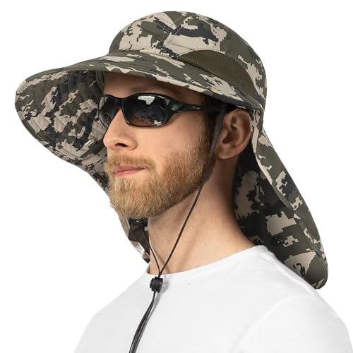 SUN CUBE Wide Brim Sun Hat with Neck Flap, UPF50+ Hiking Safari Fishing Hat for Men Women, Sun Protection Beach Hat - color: Green Camo