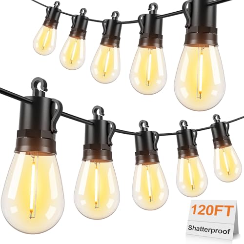 Brightever 120FT Outdoor String Lights Waterproof, LED Patio Lights with 34 S14 Shatterproof Bulbs(2 Spare), 2700K Outside Connectable Hanging Decorative Lights for Cafe, Bistro, Party, Birthday - size: 120ft