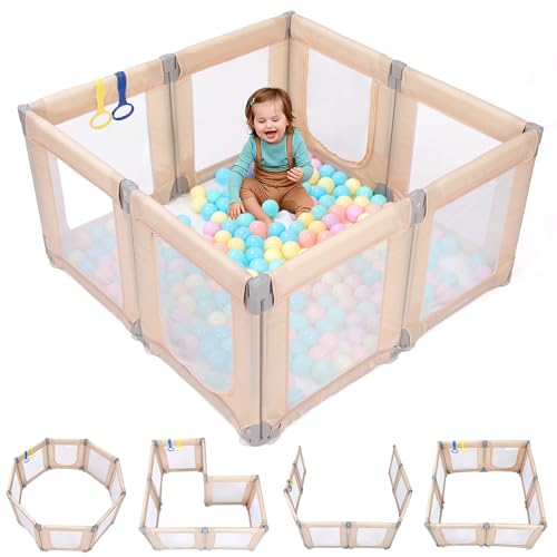 Dripex Small Foldable Baby Playpen, 49"x47" Small Space Play Yard for Travel - Portable Collapsible Play Pen for Babies, Indoor Outdoor Baby Fence, Beige - color: Beige, size: 49"×47" Foldable