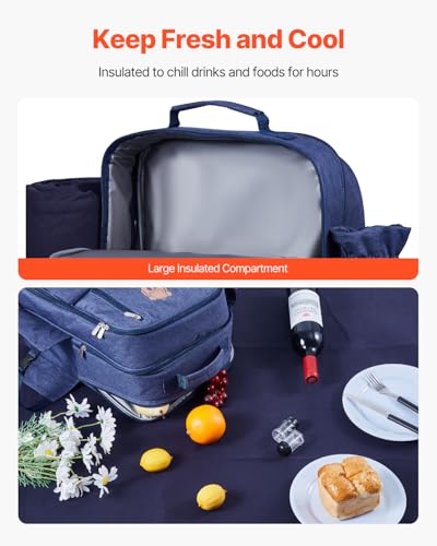 VEVOR Picnic Backpack, Beach Picnic Backpack Bag for 4 Person with Insulated Cooler Compartment, Detachable Bottle/Wine Holder, Lightweight Blanket, Plates and Cutlery Set for Outdoor, Navy Blue - size: single layer for 4 & blue