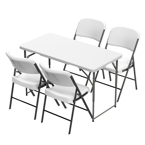 Elevon Folding Table Set with 4 White Folding Chairs,4 Feet Heavy Duty Fold-in-Half Utility Table Sets for Picnic, Event, Training, Outdoor Activities, at Home and Commercial Use - size: 4 feet, style: With 4 Chair