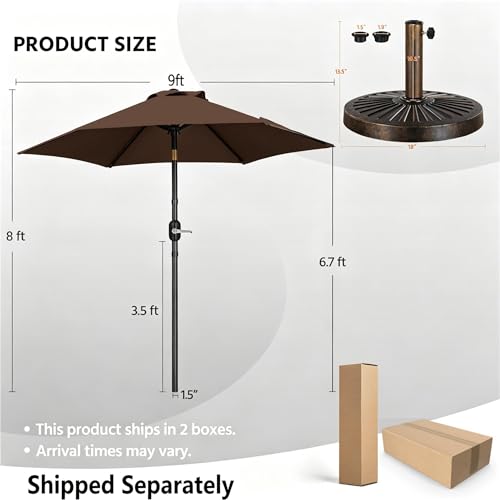 Yaheetech 9FT Patio Umbrella Outdoor with Heavy Duty Base Included,Table Umbrella with Push Button Tilt and Crank, UV Protection Waterproof for Yard/Outdoor/Wedding Parties and Events - Brown - color: Brown, size: 9FT