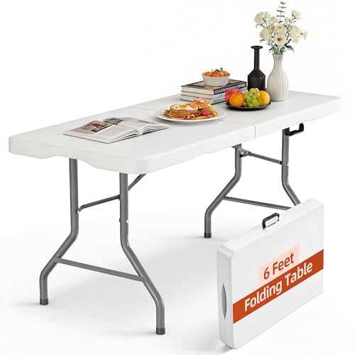 6ft Folding Table Heavy Duty 350 LBS Capacity Foldable Table with 18% Thicker HDPE Waterproof Top & Reinforced Steel Frame, Portable Fold-in-Half Table for Outdoor Indoor Party Wedding Camping - color: White, size: 6Ft