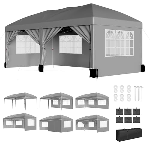 10x20 Pop Up Canopy with 6 Sidewalls, Waterproof Outdoor Wedding Gazebo Canopy with Removable Side Walls & 6 Sandbags | Ideal for Weddings, Parties, Backyard Events, Trade Shows - color: Gray