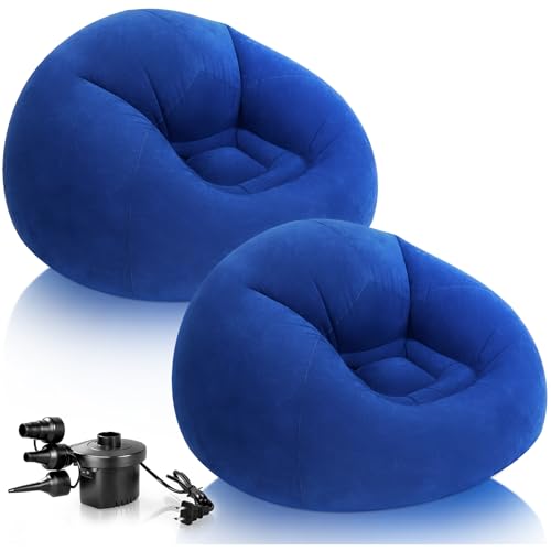 2 Pcs Inflatable Bean Bag Chairs with Electric Air Pump Inflatable Chairs Blow up Couch Folding Portable Inflatable Lazy Sofa for Movie Night Living Room Outdoor Camping (2, Royal Blue) - color: Royal Blue